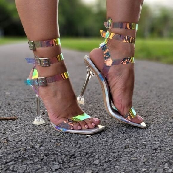 Sandal Heel Hologram Open Toe Toe Strappy Pumps - Picture 2 of 6